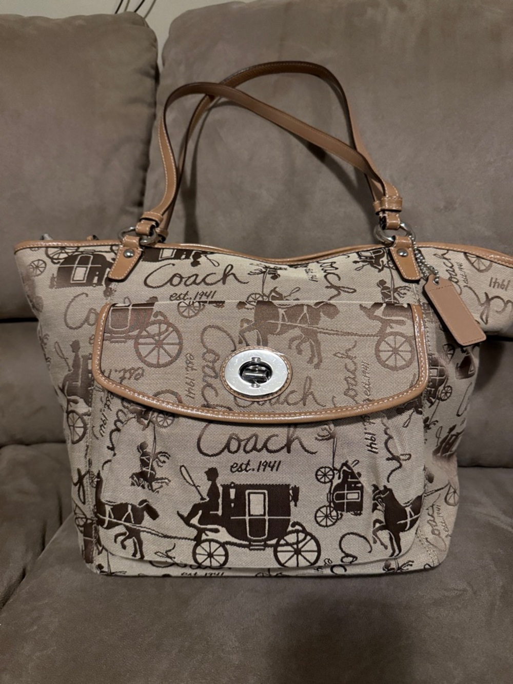 Coach Signature Canvas Shoulder Tote in Beige and Brown